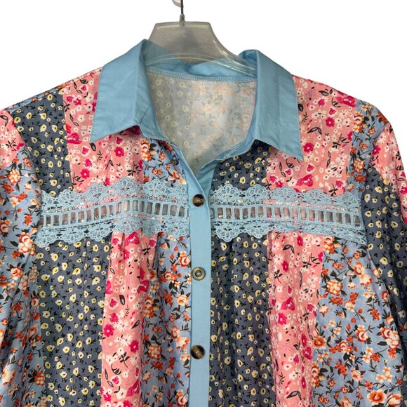 Floral Patchwork Button-Up Shirt With Lace Accents Size 4XL - Picture 2 of 5